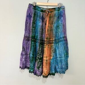 Charlie Paige Vintage Indian Size L/XL Midi Skirt Boho Flowy Crinkle Multicolor